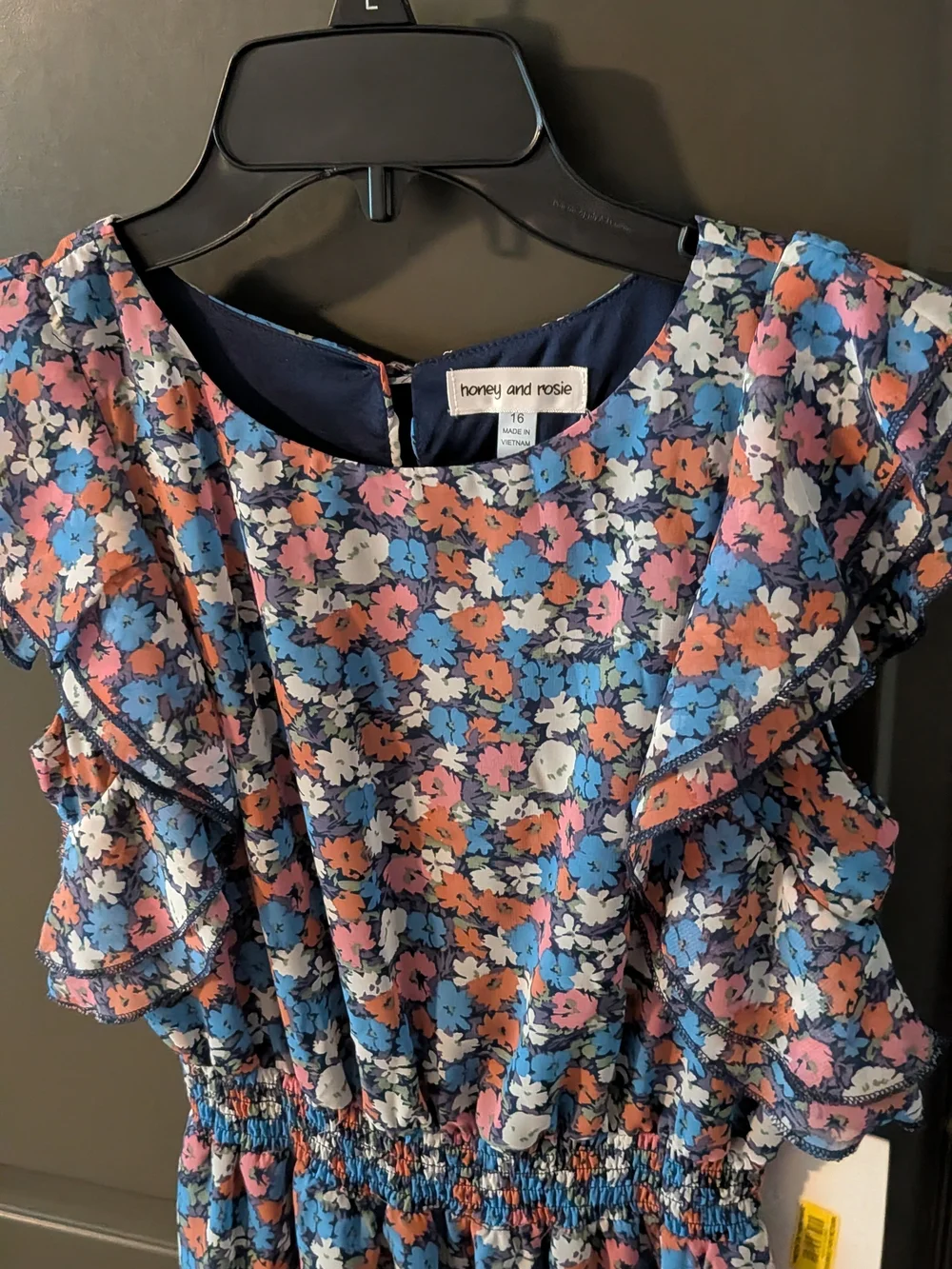 Flowers and Ruffles Smocked Waist Kids Dress - Blue/Pink